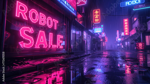 Neon store sign of Robot Sale on dark wet deserted street at night, gloomy city buildings with red and blue light. Concept of dystopia, cyberpunk, anime, shop, technology and future