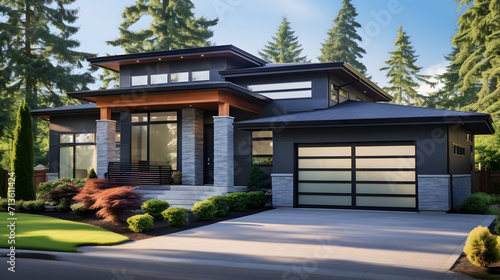 Luxurious new construction home. Modern style house with car garage . photo