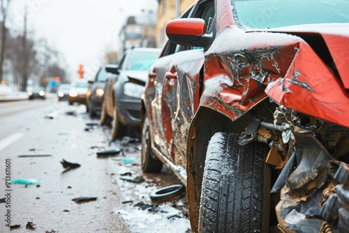 After the Impact  A Scene of Damaged Cars Following a Collision and Accident  Illustrating the Wreckage  Insurance Implications  and the Need for Automotive Repair and Recovery.