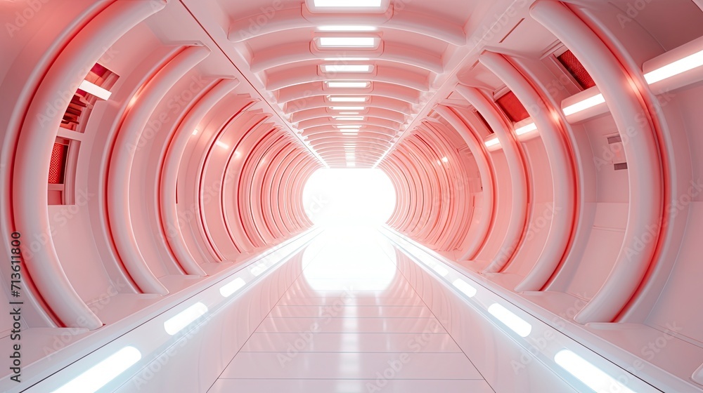 Obraz premium empty white tunnel futuristic style with red light 3d rendering
