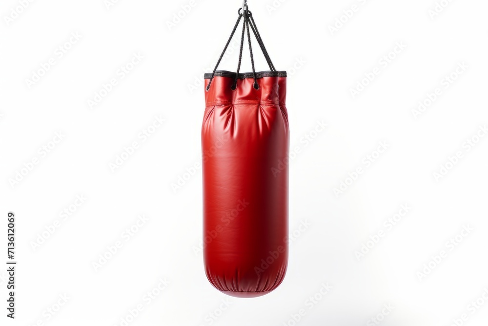 Red punching bag hanging isolated on a white background. Concept of fitness equipment, boxing workout accessories, sports gear, and gym equipment