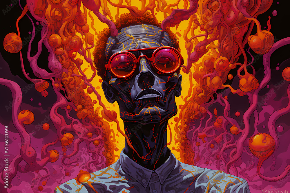 Illustration in psychedelic style, of a Mad mutant Scientist Making Crazy Experiment. - obrazy, fototapety, plakaty 