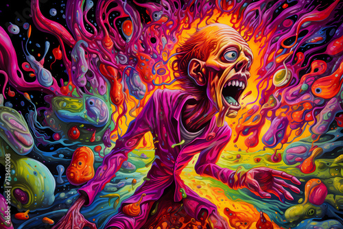 Illustration in psychedelic style, of a crazy dead zombie, Mad mutant Scientist. © bravissimos