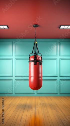 Boxing heavy bag hanging in a room. Concept of sports equipment, interior gym setup, boxing practice space, and athletic training environment © Jafree