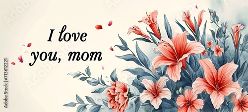 Wide banner with red lilies and leaves on a light background, inscribed with I love you, mom. For use in Mothers Day greetings, floral shop displays, or sentimental decor. photo