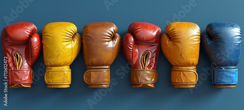 Six leather boxing gloves, each in different bold colors, on a dark blue surface. Concept of diversity in sports, the colorful world of boxing, boxing equipment, and the wear of active use.
