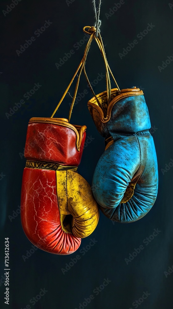 Pair of old colorful boxing gloves hang side by side against a dark background. Concept of Sports, Competition, Endurance, Passage of Time.