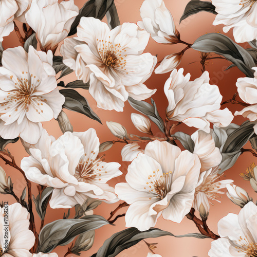 Vintage Illustration White Cherry Blossoms on Brown Background Seamless Pattern