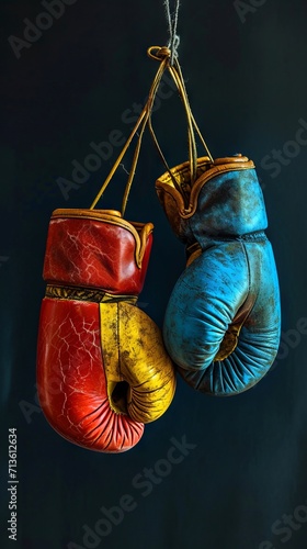 Pair of old colorful boxing gloves hang side by side against a dark background. Concept of Sports, Competition, Endurance, Passage of Time. © Jafree