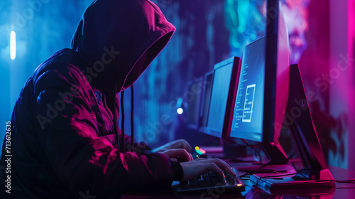 Cybersecurity breach concept with a hooded figure hacking a computer photo
