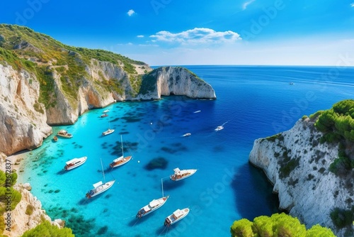 Aerial view of beautiful bay with boats in Zakynthos Island, Greece. Generative AI