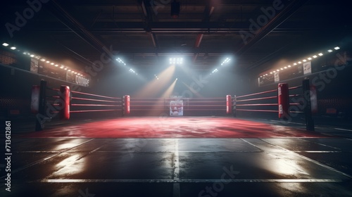 Empty lit boxing ring in a dark, spacious arena. Atmosphere is intense and anticipatory. Concept of Boxing Matches, Training Sessions, Sports Events, Competition, Combat Sports © Jafree