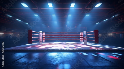 Empty lit boxing ring in a dark, spacious arena. Atmosphere is intense and anticipatory. Concept of Boxing Matches, Training Sessions, Sports Events, Competition, Combat Sports