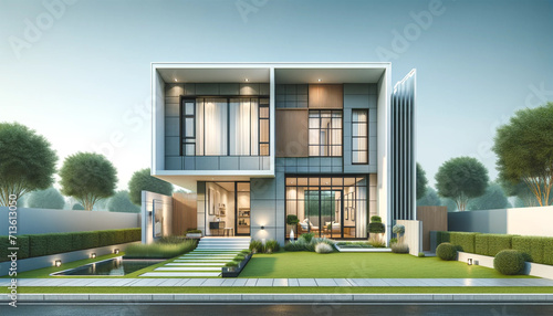 modern front of a private house building with a yard exterior facade drawing.