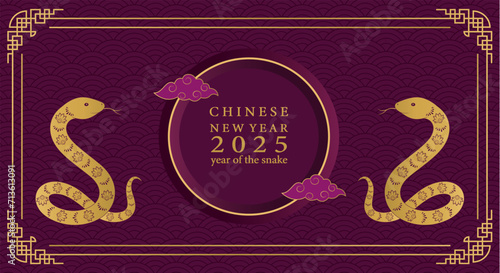 Happy Chinese New Year 2025. Violet background with golden snakes. Vector illustration