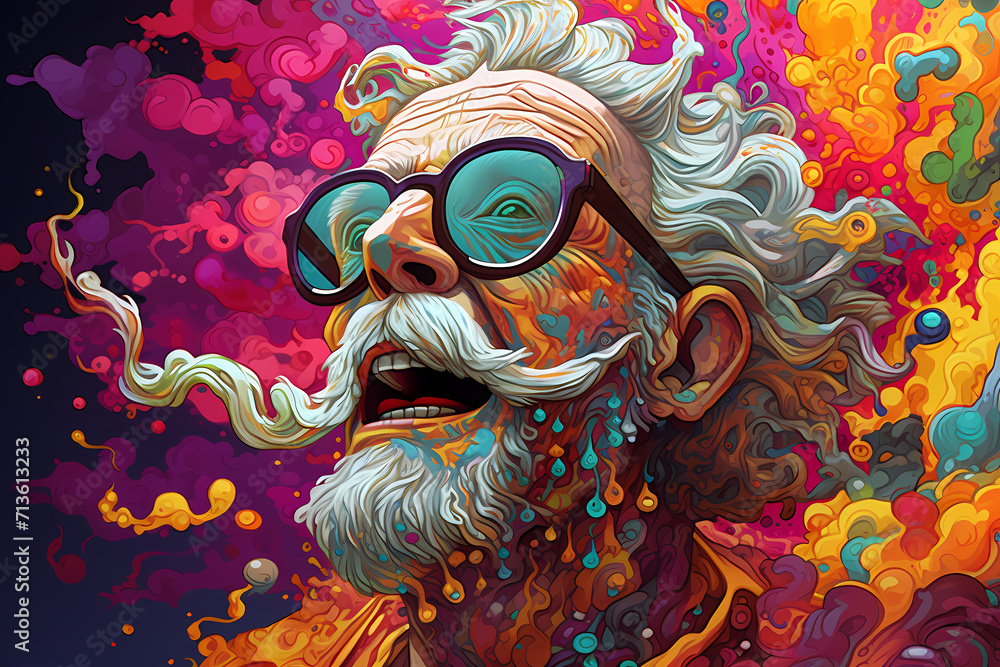 Illustration in psychedelic style, of a Mad mutant Scientist Making Crazy Experiment.