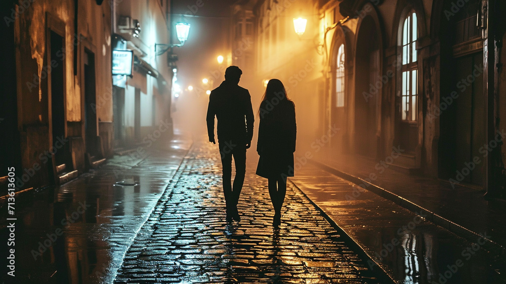 Man following woman in dark street, night, stalking, crime, mugger, scary worry violence, city danger silhouette life footsteps two people girl man, afraid.