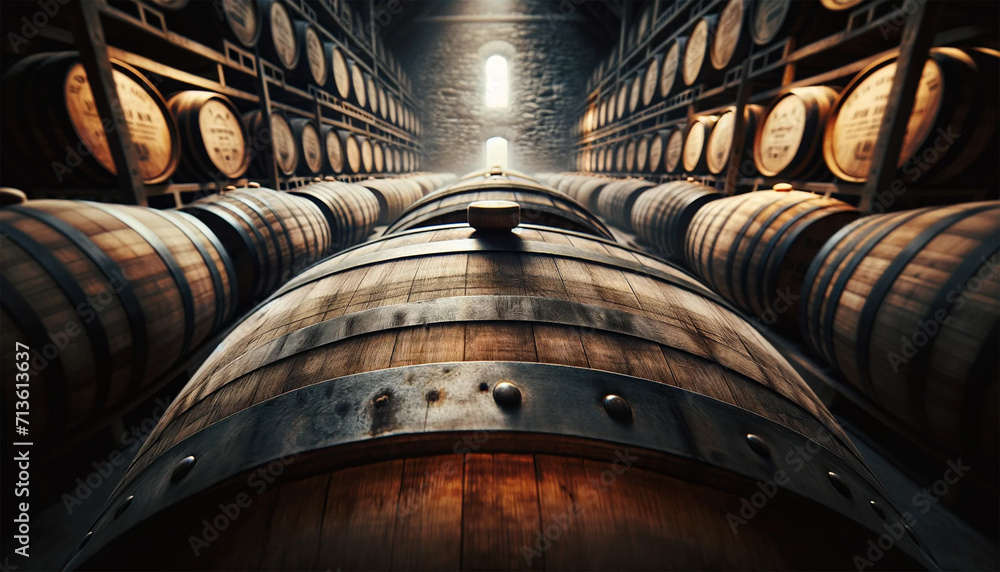Inside a large aging facility containing barrels of whiskey, bourbon, scotch, and wine.