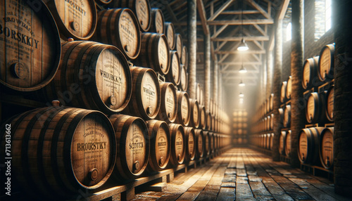 Inside a large aging facility containing barrels of whiskey, bourbon, scotch, and wine. photo