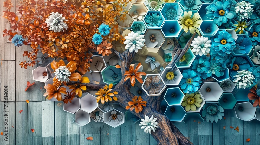 custom made wallpaper toronto digitalFantasy-themed 3D mural on wooden oak with white lattice tiles, tree with kaleidoscopic leaves in turquoise, blue, brown, colorful hexagons, floral background.