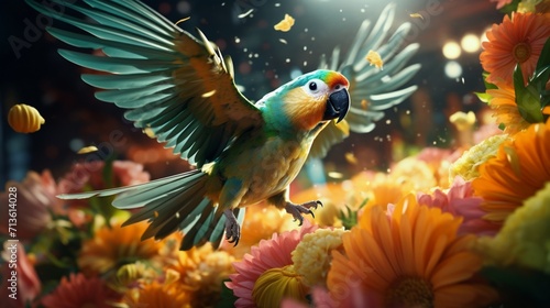 Graceful Lovebird Soaring Amidst Dreamy Sunset Sky with Dramatic Clouds - AI-Generative