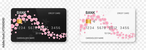 Bank card vector template png. Bank card with rose or sakura petals design. Plastic bank card png.
