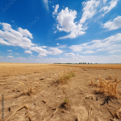 Agricultural wheat field wheat destroyed by bombs Blue sky with white clouds. Extremely wide frame shot. under blue sky. War harvest theme. Dangerous landscape with ripe golden wheat.
