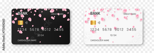 Bank card vector template png. Bank card with rose or sakura petals design. Plastic bank card png.