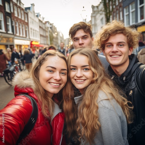 Multiracial group of friends taking selfie pic outside - Happy different young people having fun walking in city center - Youth lifestyle concept with guys and girls enjoying day out together