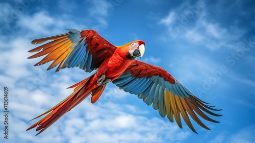 Vibrant Macaw Soaring Through the Sky with Graceful Feathers Trail - AI-Generative © Being Imaginative