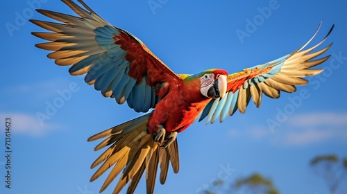Vibrant Macaw Soaring Through the Sky with Graceful Feathers Trail - AI-Generative © Being Imaginative
