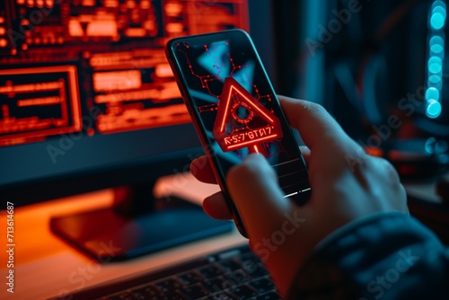 System warning caution sign on smartphone, scam virus attack on firewall for notification error and maintenance. Network security vulnerability, data breach, illegal connection and information danger