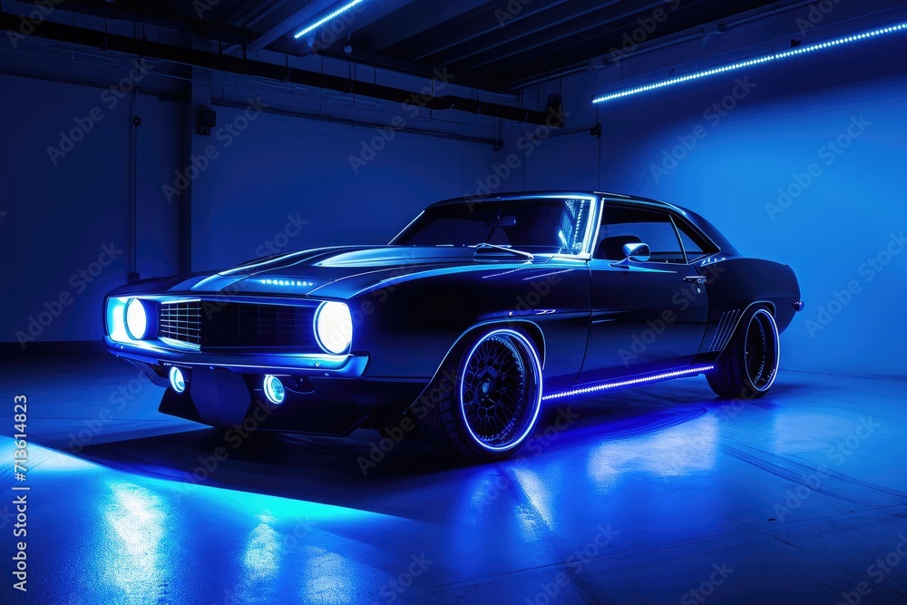 A custom tuned muscle car in a spectacular light.