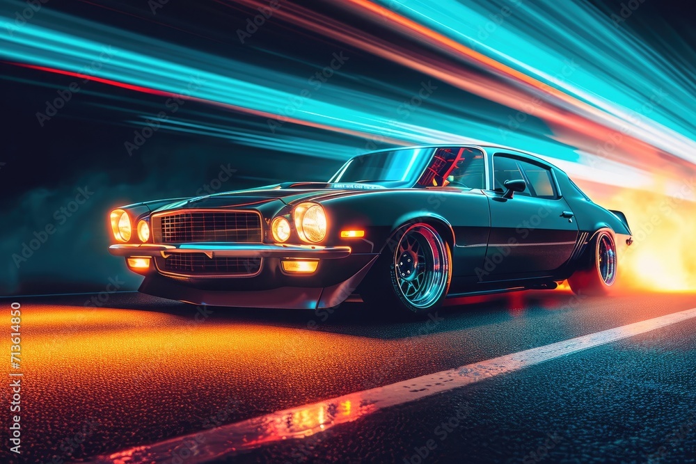 A custom tuned muscle car in a spectacular light.
