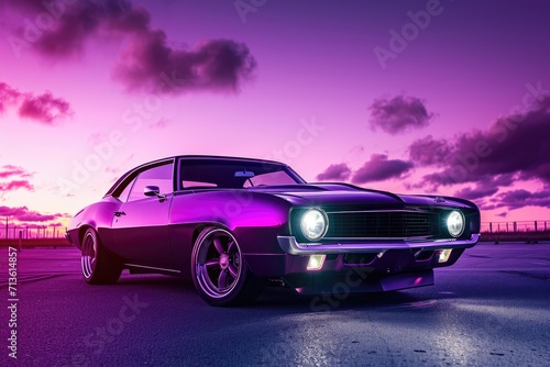 A custom tuned muscle car in a spectacular light.