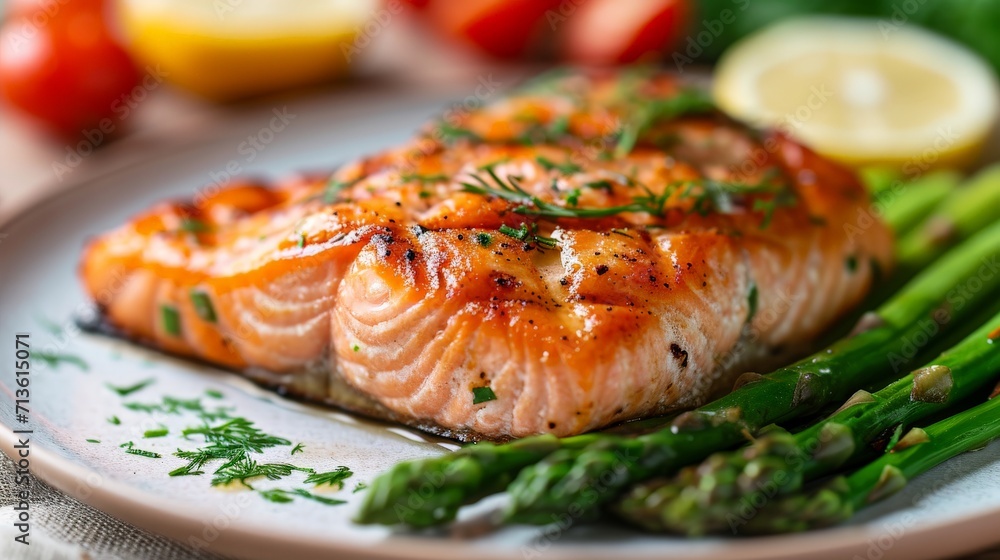Plate of Salmon and Asparagus on Table Plate of Salmon and Asparagus on Table
