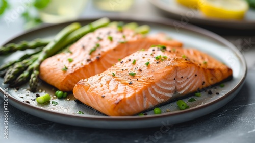 Two Salmon and Asparagus on a Plate