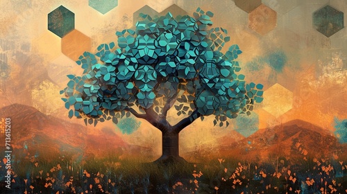 Surreal tree mural in 3D with leaves in turquoise and blue, brown dusk sky, green hexagon backdrop.