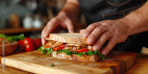 Closeup of hands preparing a sandwich