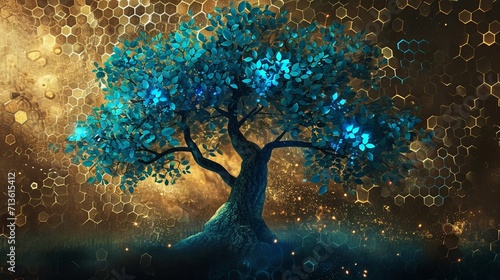 Magical tree mural in 3D with shimmering turquoise  blue leaves  deep brown ambiance  green hexagon pattern.