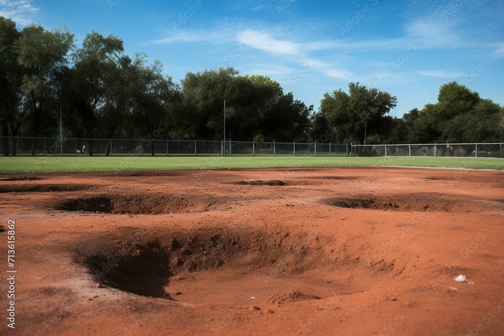 Sports field with red clay, pitchers mound, infield, sport, softball, game, dirt. Generative AI