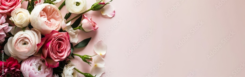 Fototapeta premium Large Bouquet of Flowers on Pink Background