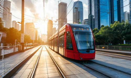 Electric public transport on the background of the metropolis. City red tram on rails. Generative AI