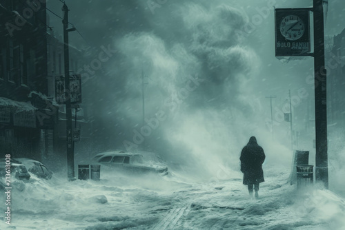A man walks through a winter city, a sharp squall wind knocks him off his feet, signs and telegraph poles fall, a blizzard blows
