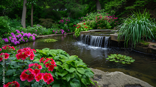 Exuberante vegetação envolve um lago tranquilo onde flores coloridas florescem em abundância