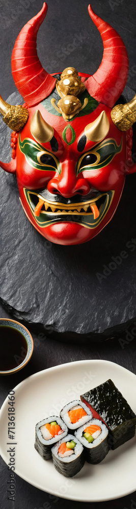 Setsubun celebration, an Oni Demon mask laying on a black stone table with soybeans and sushi rolls, Japanese Tradition, Japan, traditional, large skyscraper banner. Generative AI