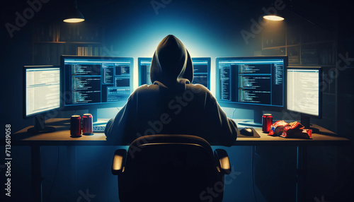 A hacker sits in a dark room viewing multiple computer monitor screens photo