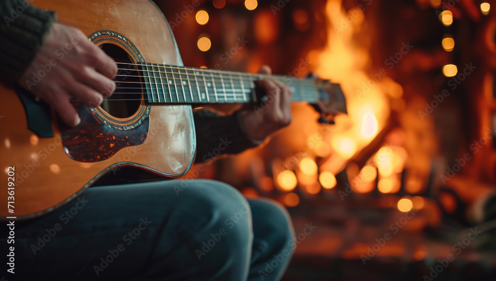 Obraz premium Close-up of an acoustic guitar in a musician's lap, blurred background of a bonfire