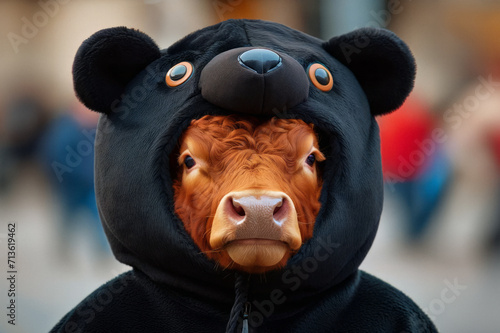 Stock market mascot the bull is dressed up in a bear costume. Bull pretending to be a bear for halloween photo