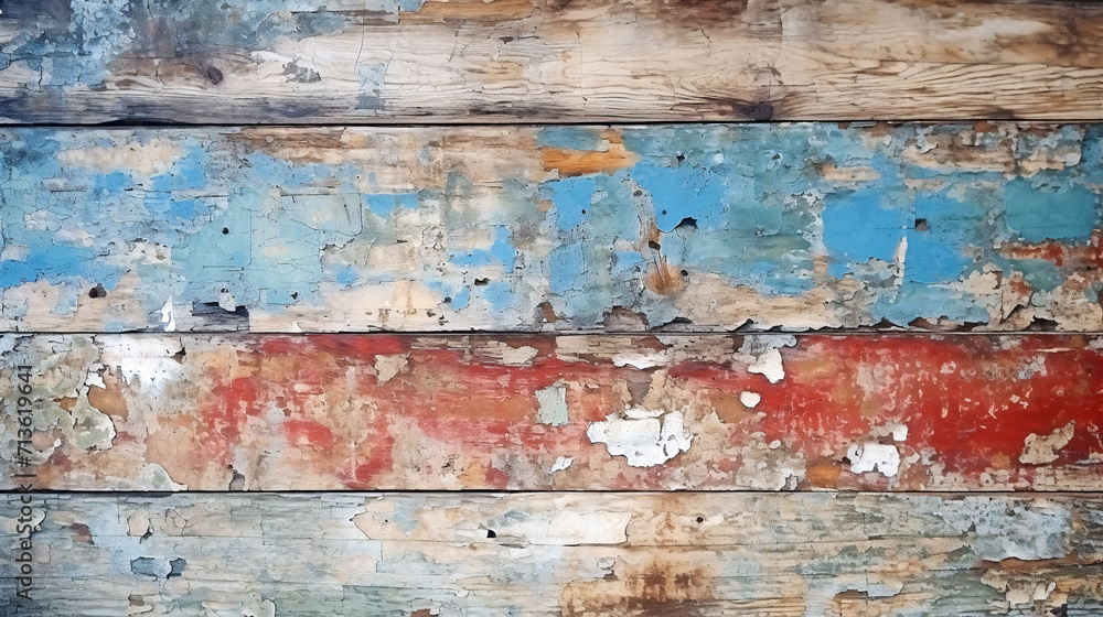 Weathered wooden texture with peeling blue and red paint - Generative AI Weathered wooden texture with peeling blue and red paint - Generative AI